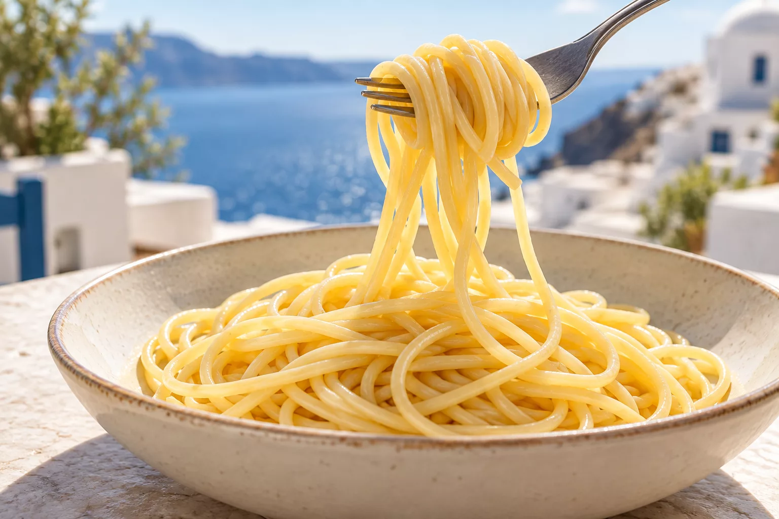 Lightly dressed long pasta strands lifted on a fork above a shallow bowl.