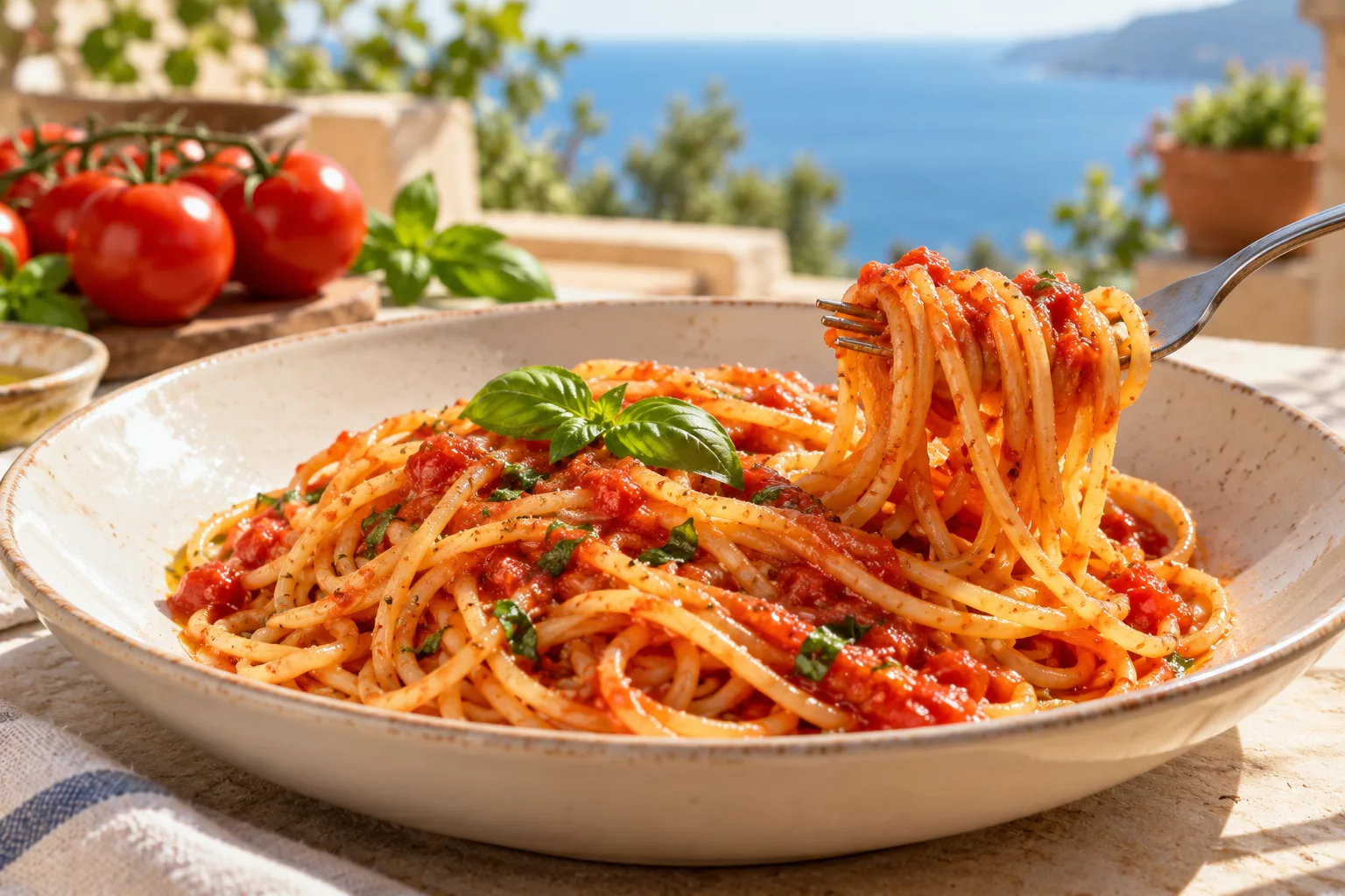 Long pasta evenly coated in tomato sauce on a cream plate.