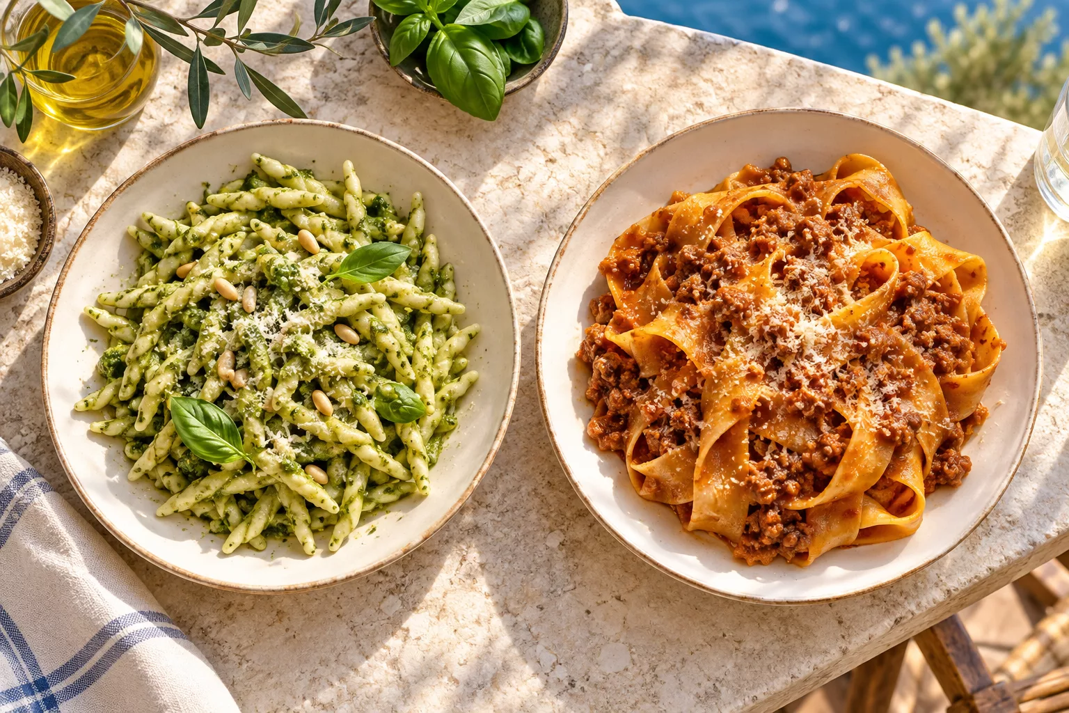 Two plates showing pesto-coated twists and egg ribbons with meat ragù.
