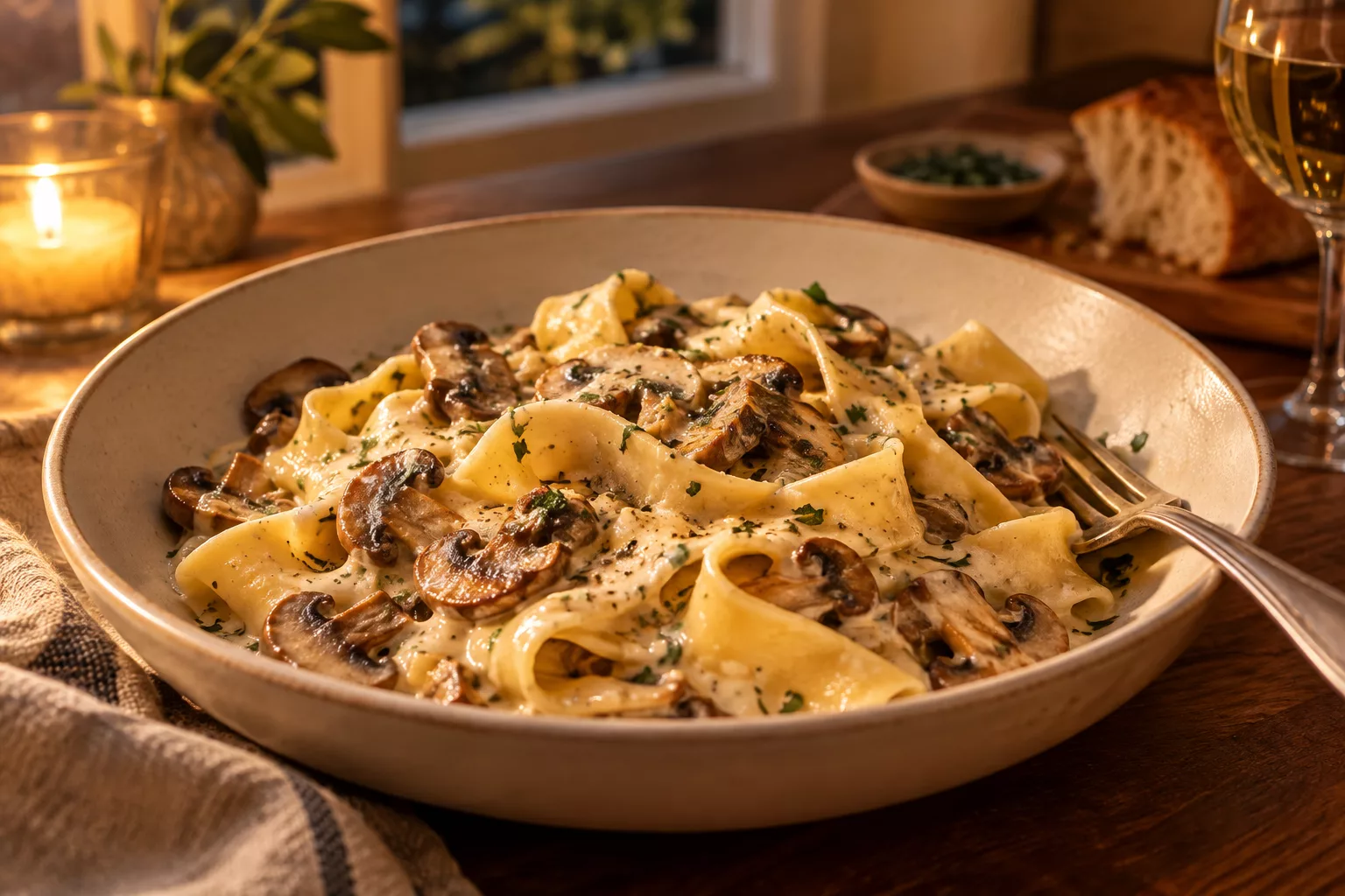 Broad pasta ribbons in a smooth sauce with browned mushroom pieces.