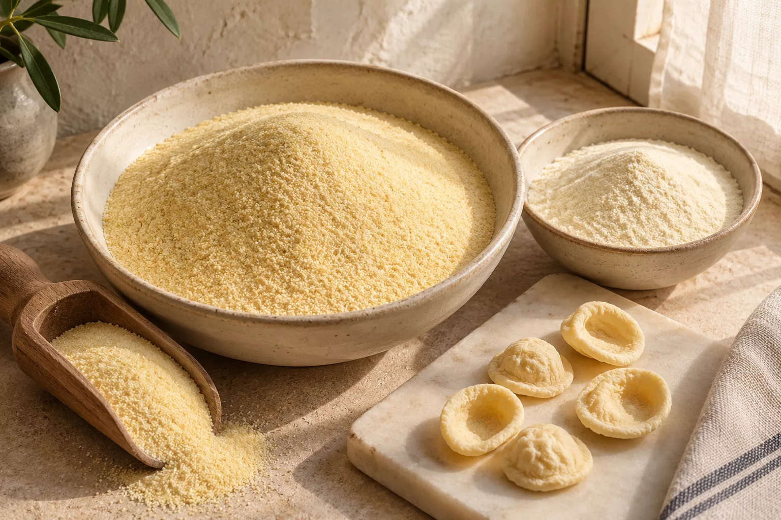 Coarse pale yellow semolina beside finer remilled semola and handmade pasta cups.
