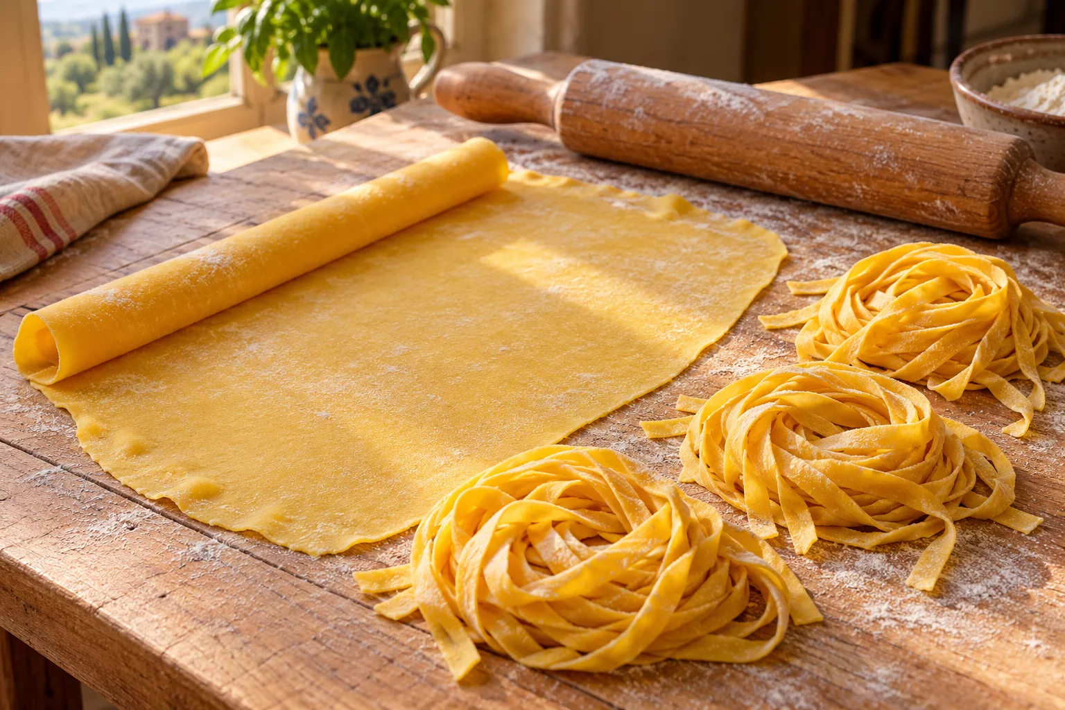 A thin egg-pasta sheet and cut ribbons on a lightly floured board.