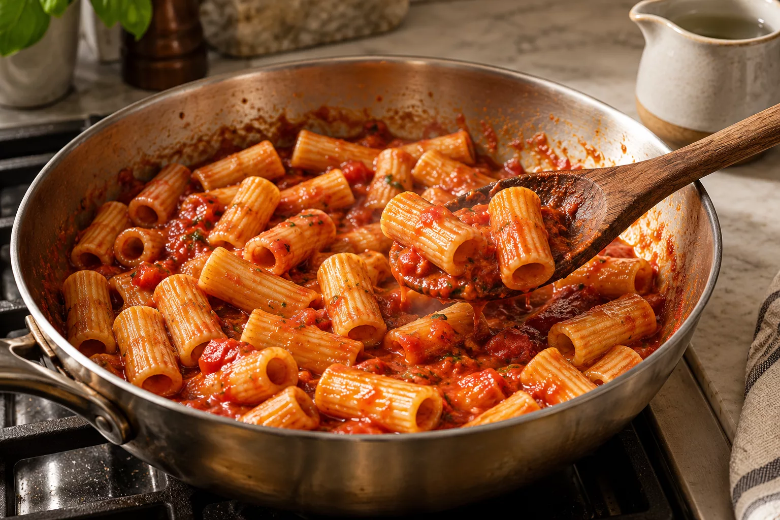 Ridged rigatoni being turned through tomato sauce in a wide pan.
