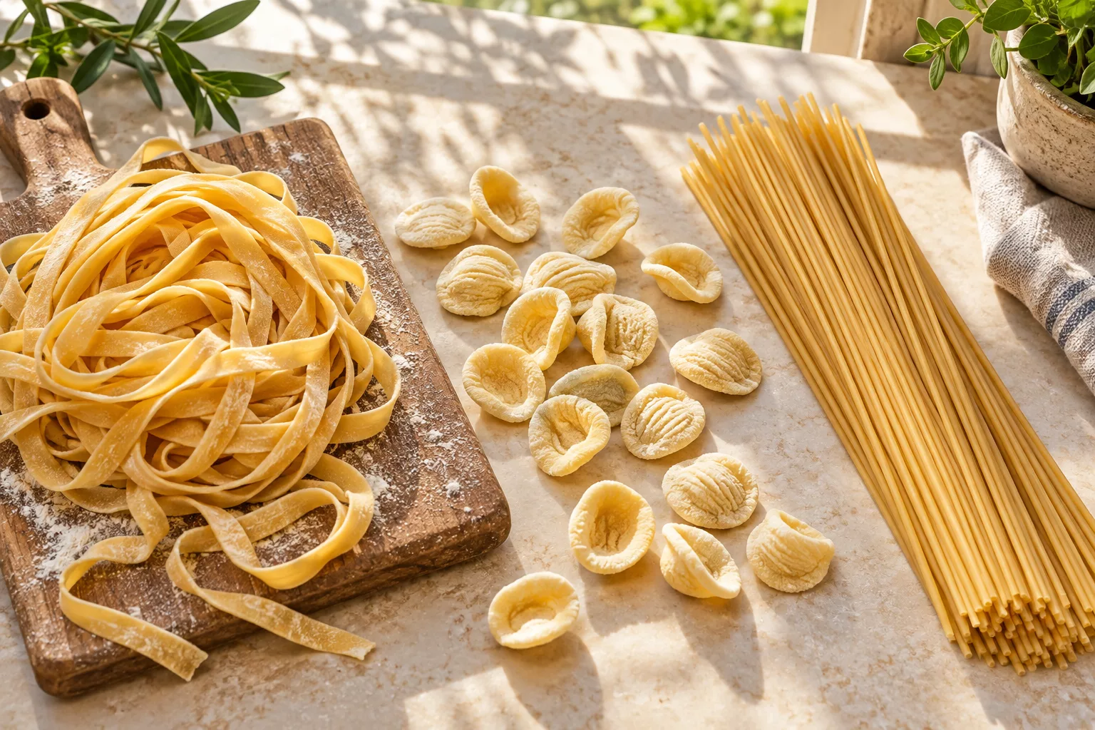Fresh egg ribbons, handmade semolina orecchiette, and dried spaghetti arranged separately.