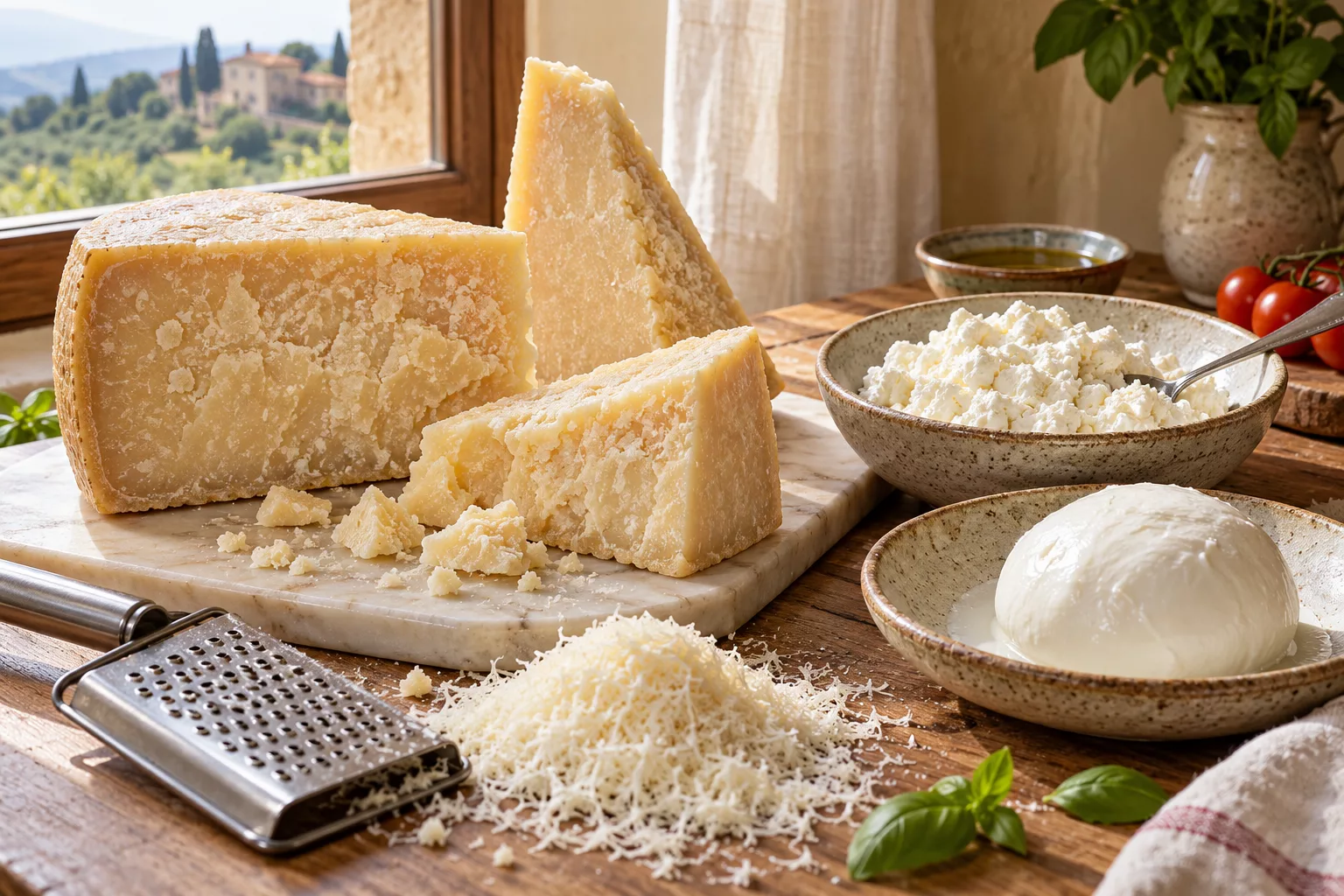 Hard cheese wedges and grated cheese beside bowls of ricotta and mozzarella.