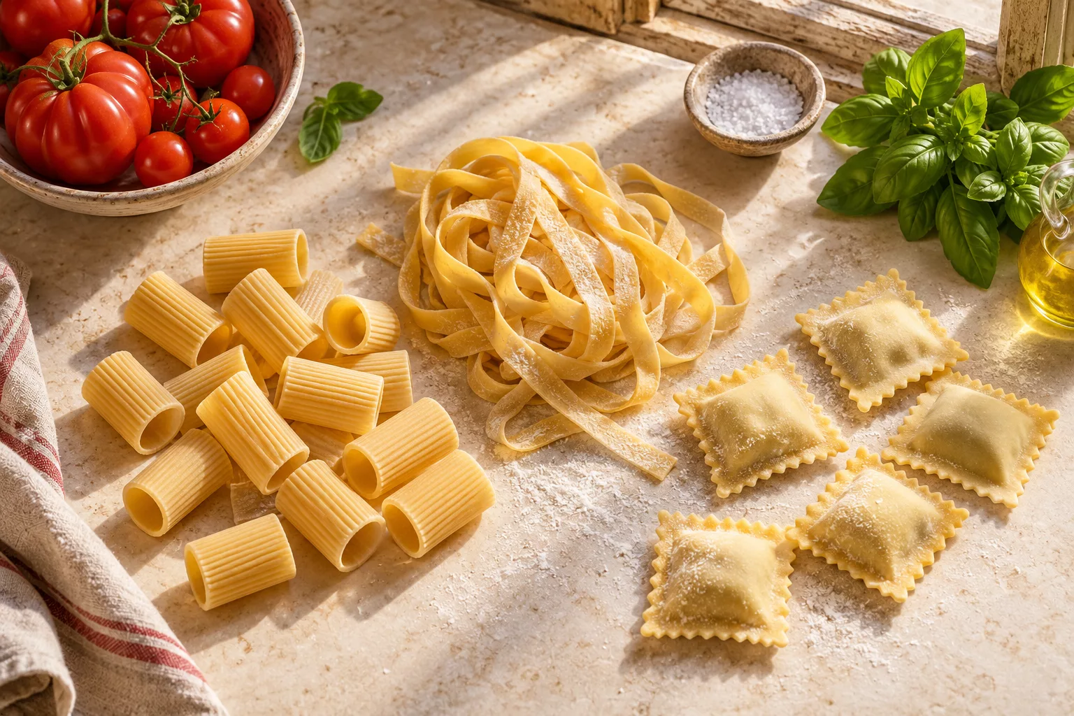 Dried tubes, fresh ribbons, and filled pasta arranged with tomatoes and basil.