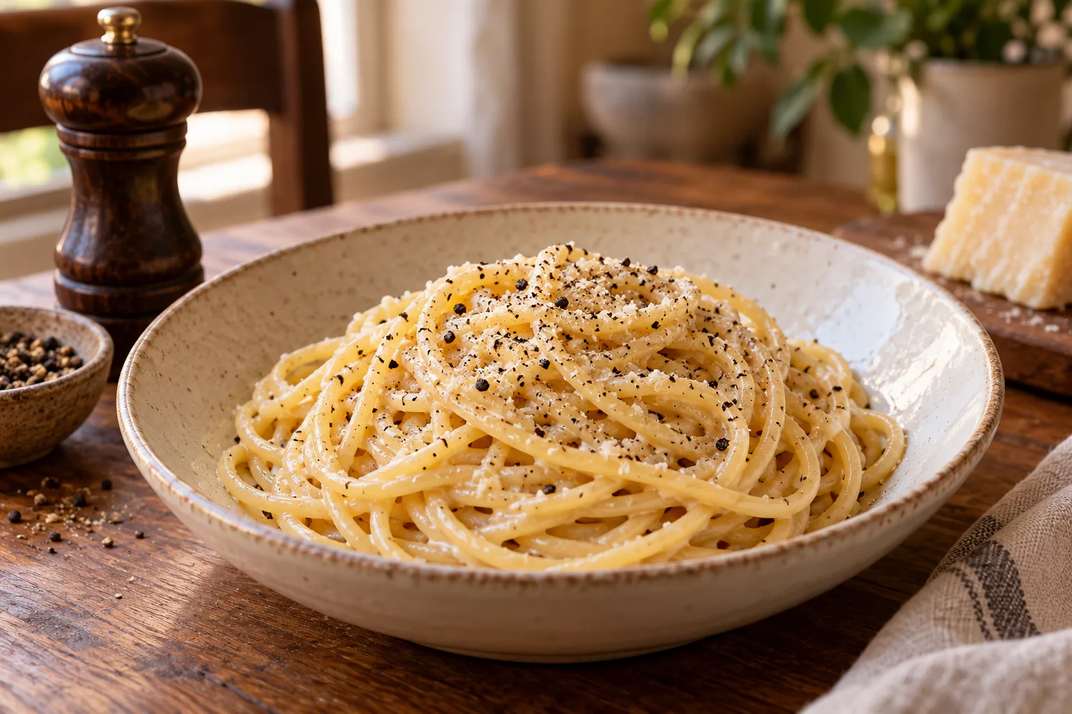 Long pasta with a pale cheese coating and freshly ground black pepper.