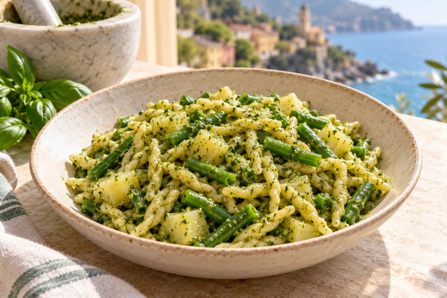 Trofie with basil pesto, potato pieces, and green beans.