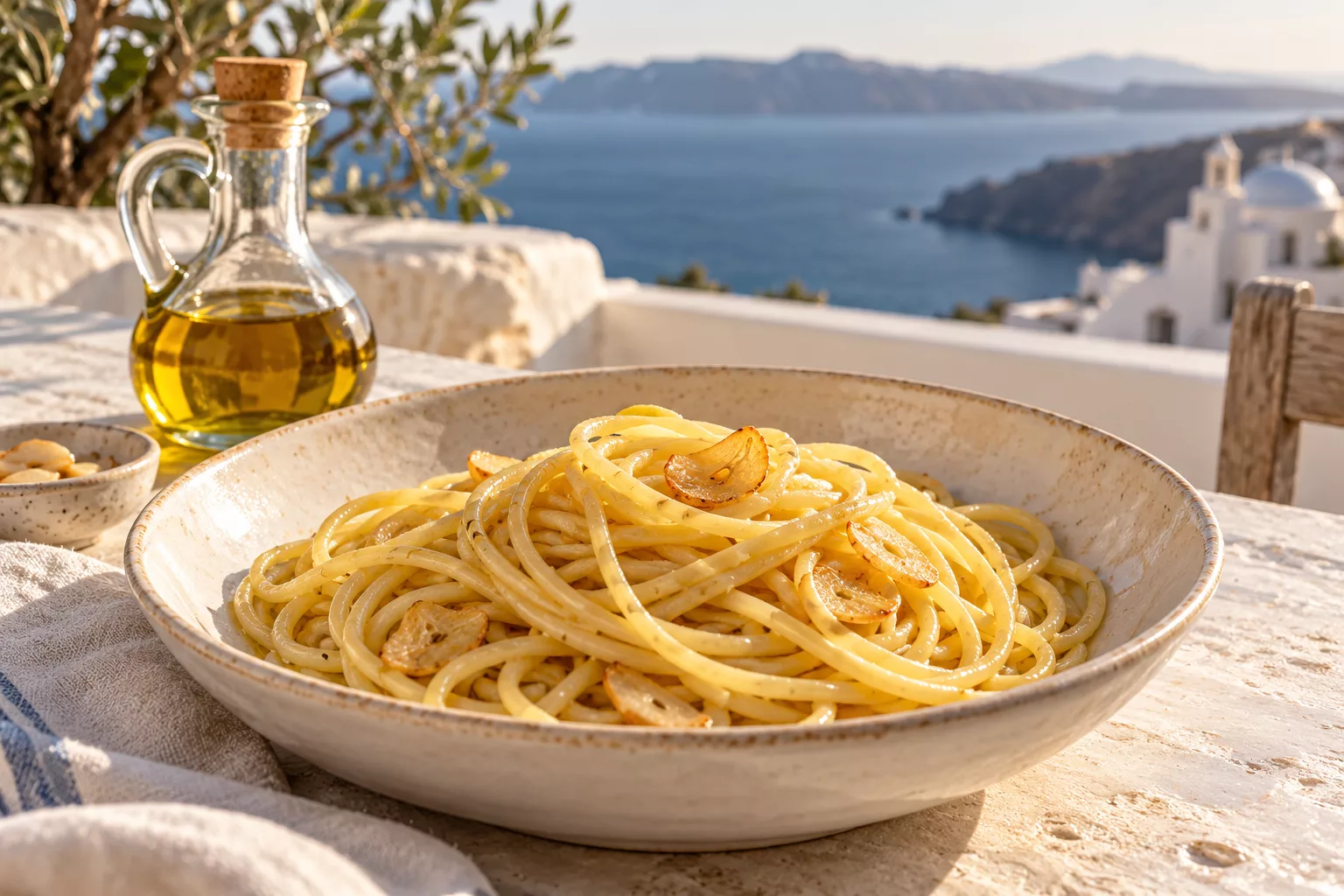 Lightly dressed long pasta beside a small cruet of olive oil.