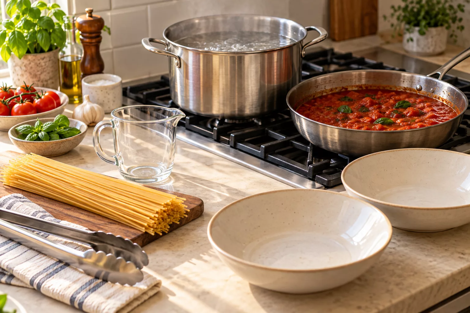 Pasta pot, prepared tomato sauce, spaghetti, and serving bowls arranged for cooking.