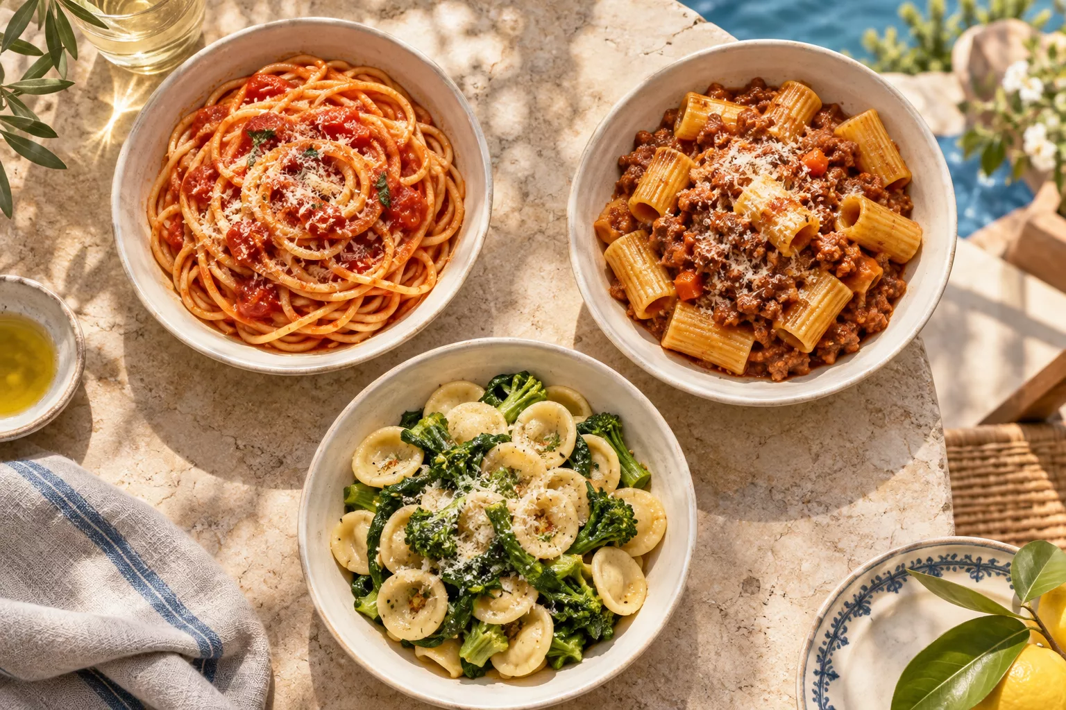 Spaghetti with tomato sauce, rigatoni with ragù, and orecchiette with small green vegetables.