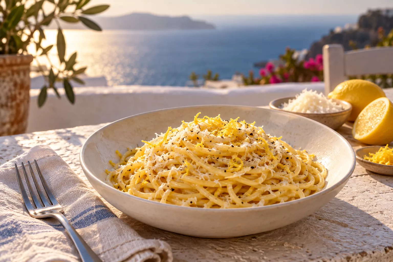 A bowl of long pasta with lemon zest beside lemons and finely grated cheese.