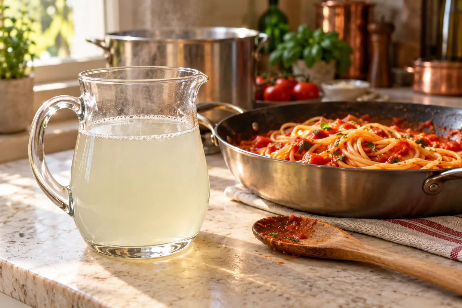 A jug of cloudy pasta water beside a pan of long pasta in tomato sauce.
