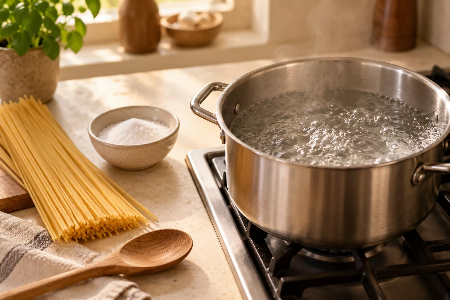 A saucepan of steaming water beside salt and uncooked spaghetti.