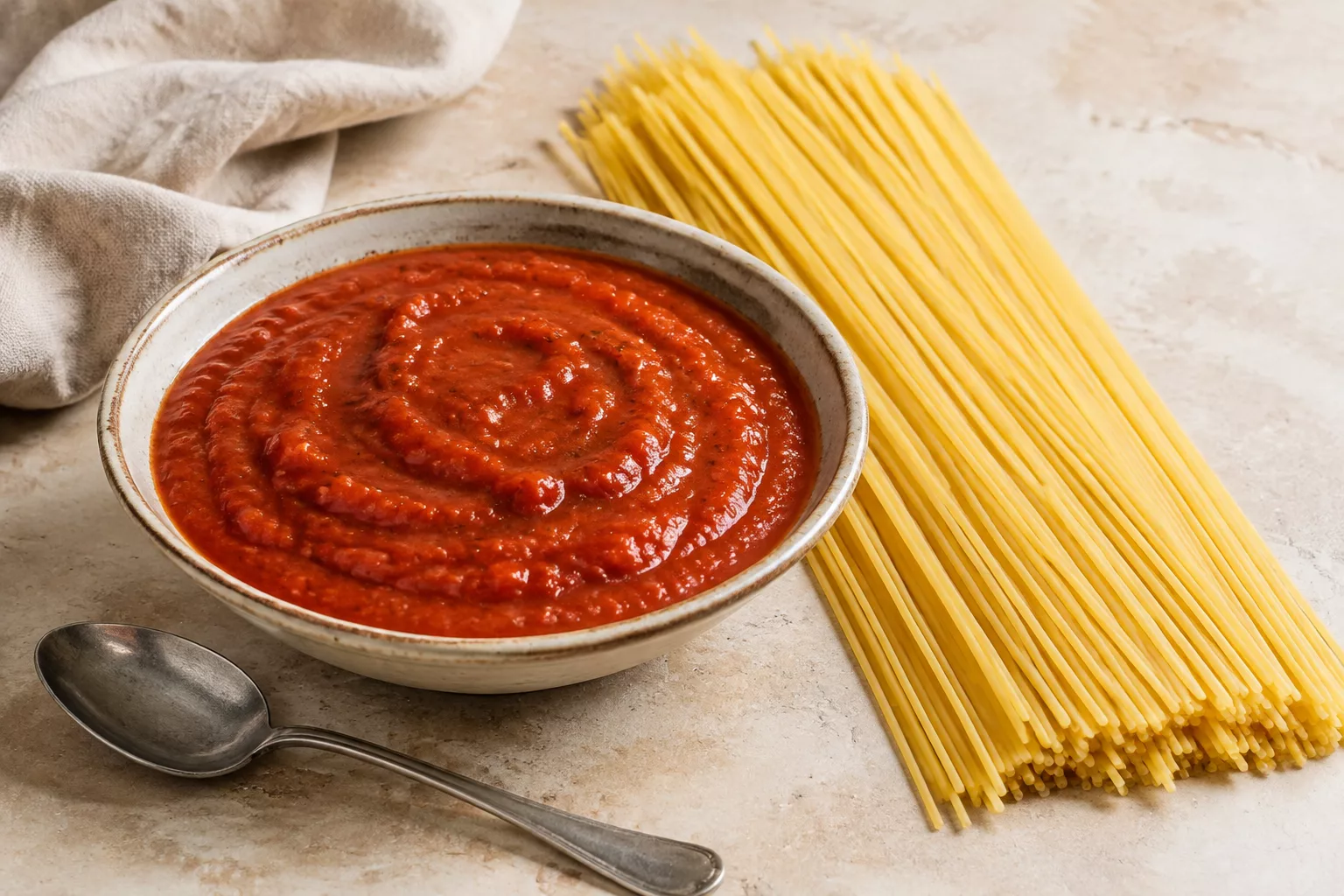 Rich tomato sauce paired with uncooked spaghetti