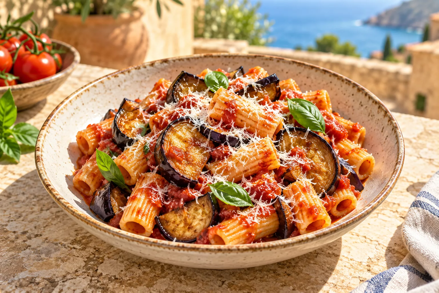 Short pasta with tomato, browned aubergine, grated cheese, and basil.
