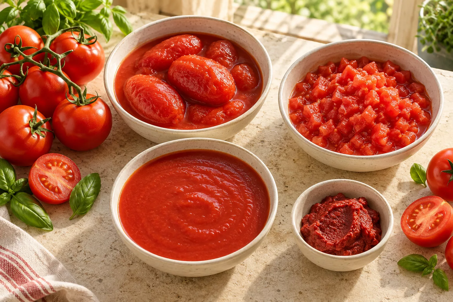 Fresh tomatoes alongside whole peeled tomatoes, chopped tomatoes, passata, and tomato paste.