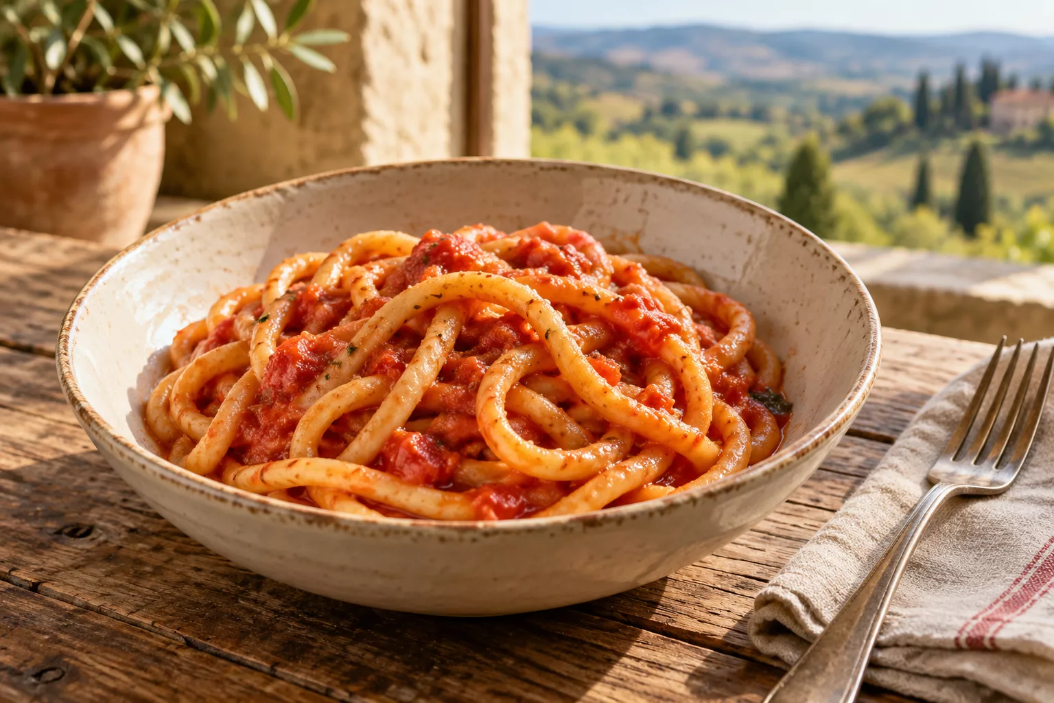 Thick pici strands lightly coated in tomato sauce.