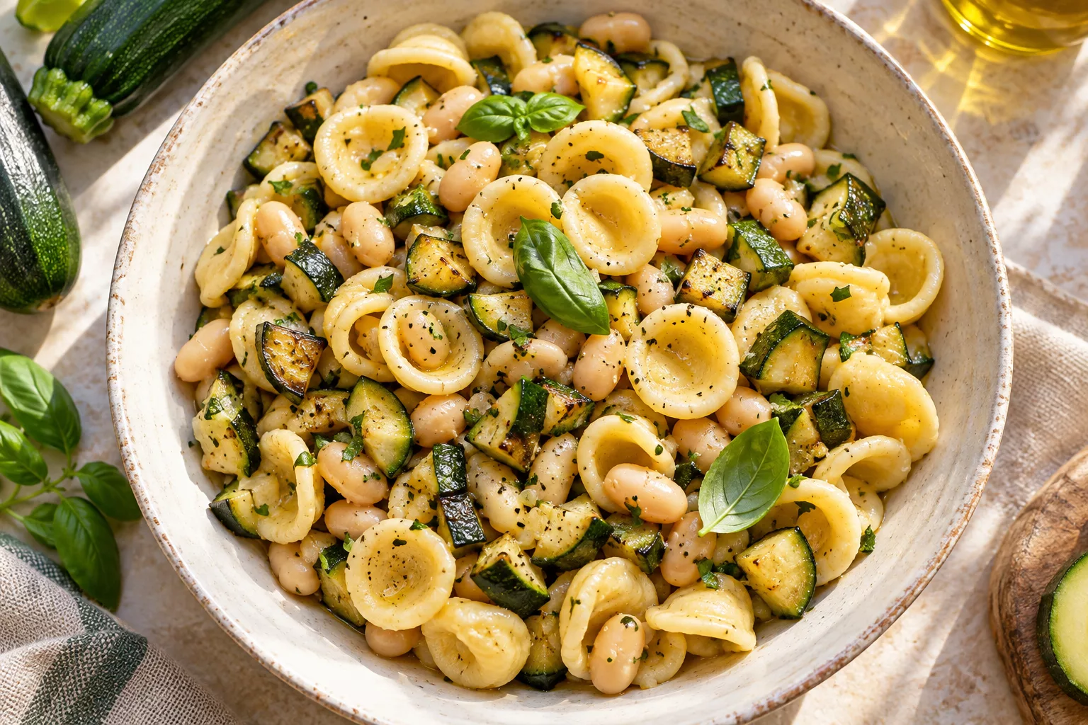 Orecchiette with courgette pieces, white beans, and basil.